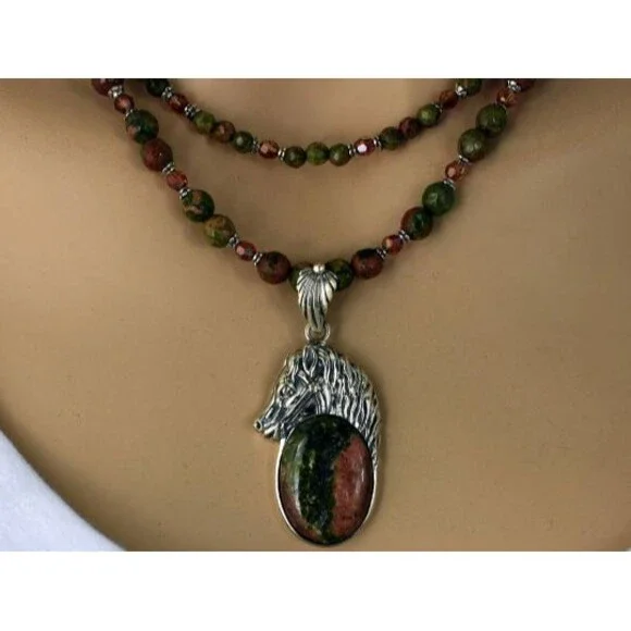 Handcrafted Necklace Earring Set .925 SS Horse Pendant Unakite Swarovski Crystal - Picture 4 of 4